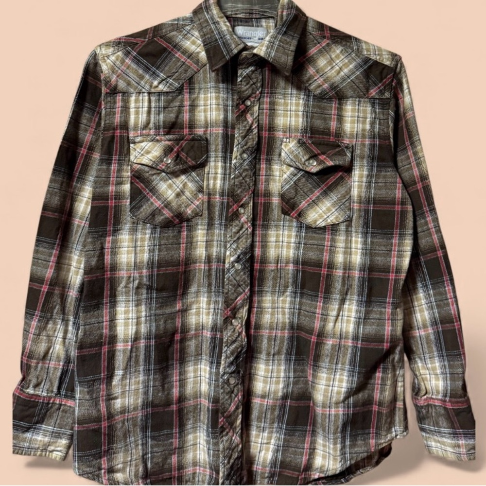 Wrangler ~ Men’s ~ Shirt ~ Large ~ Western ~ Snaps ~ Plaid ~ Brown ~ Long Sleeve